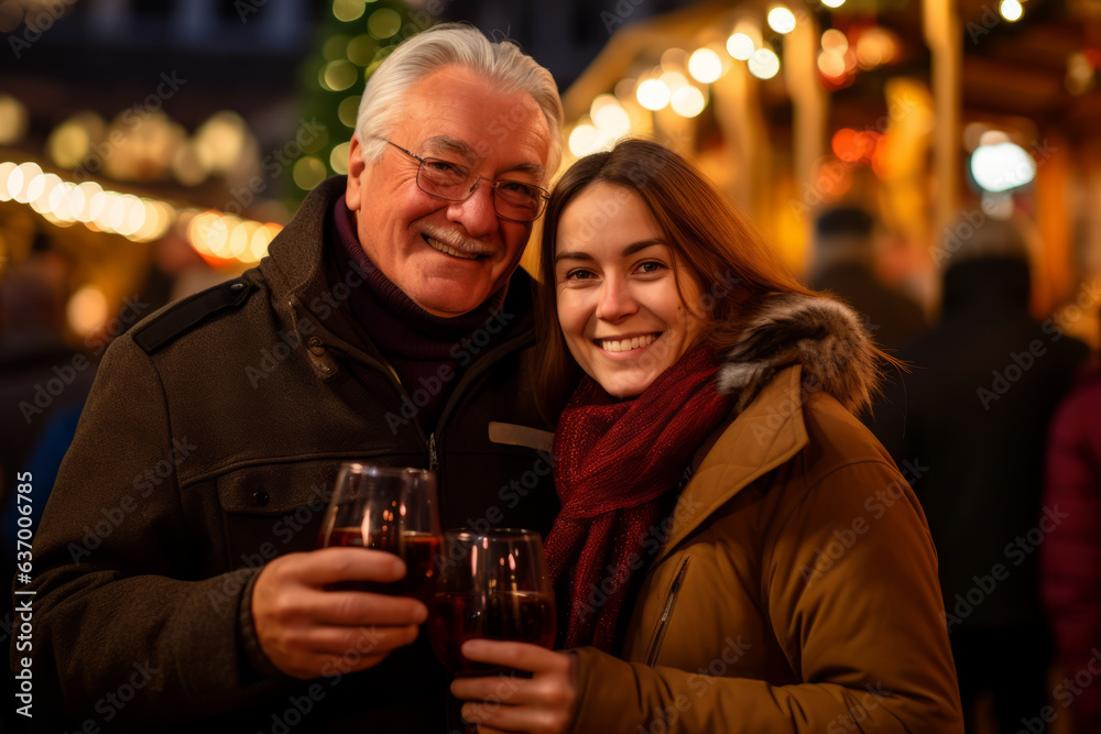Man and woman couple with glühwein glasses at christmas market during winter evening