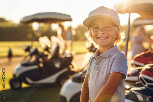 Happy caucasian boy at golfing training lesson looking at camera on golf course photo