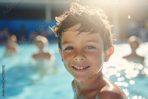 Happy boy at swimming training lesson looking at camera with swimming pool background