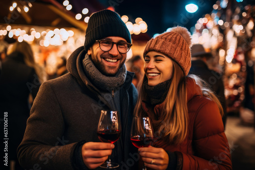 Man and woman couple with glühwein glasses at christmas market during winter evening