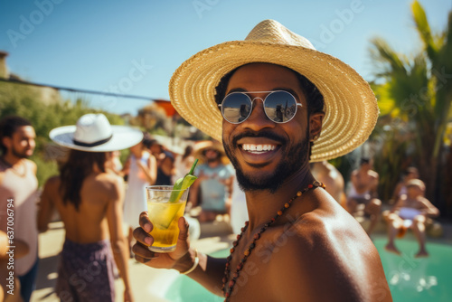 Man at a pool party holding a glass photo