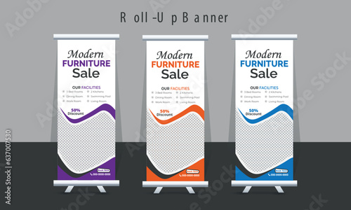 Modern furniture For Sale Roll up Banner Stand template for Real Estate Agency pull up, standee, x banner, display cover poster design template for advertising and business promotion, 