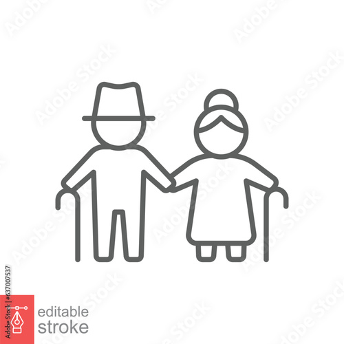 Elderly couple icon. Simple outline style. Grandparents holding hands, old, elder, senior, people concept. Thin line symbol. Vector illustration isolated on white background. Editable stroke EPS 10.