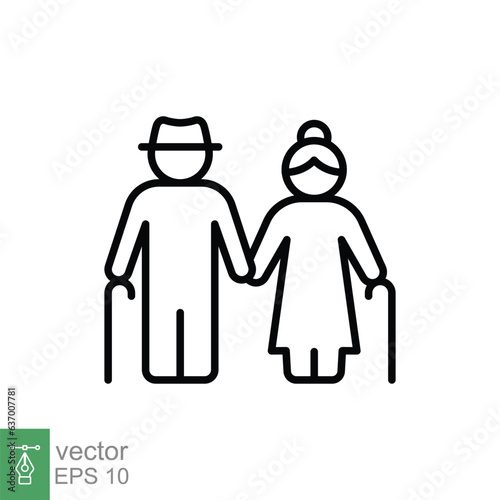 Elderly couple icon. Simple outline style. Grandparents holding hands, old, elder, senior, people concept. Thin line symbol. Vector illustration isolated on white background. EPS 10.
