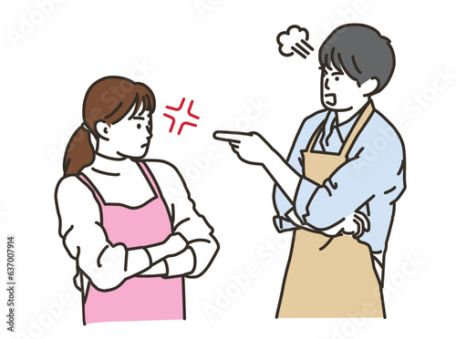 喧嘩をするエプロン姿の男女