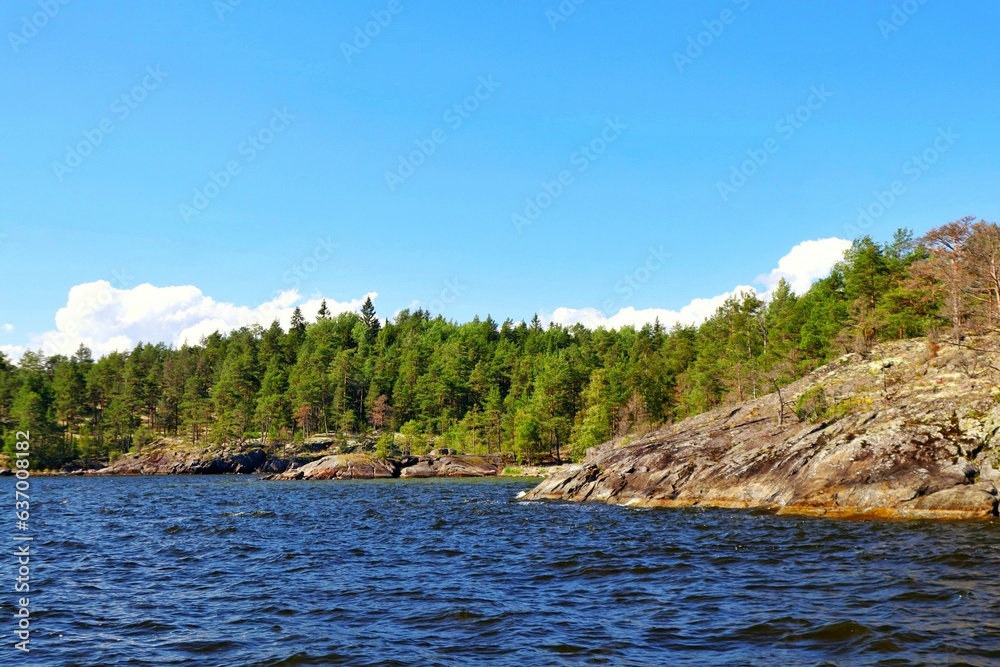Ladoga skerries, stone islands overgrown with pines on Lake Ladoga in the national park of the Republic of Karelia