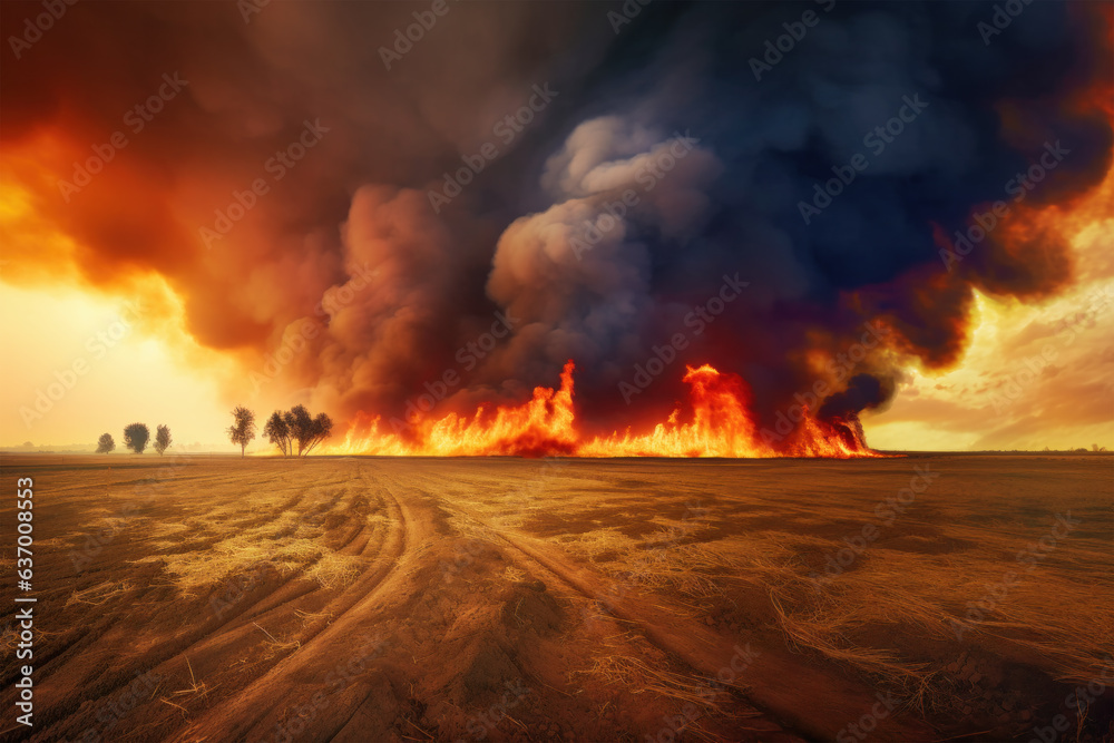 Distant wildfire raging across farmland, the horizon ablaze with fire and smoke against a dramatic, darkened sky