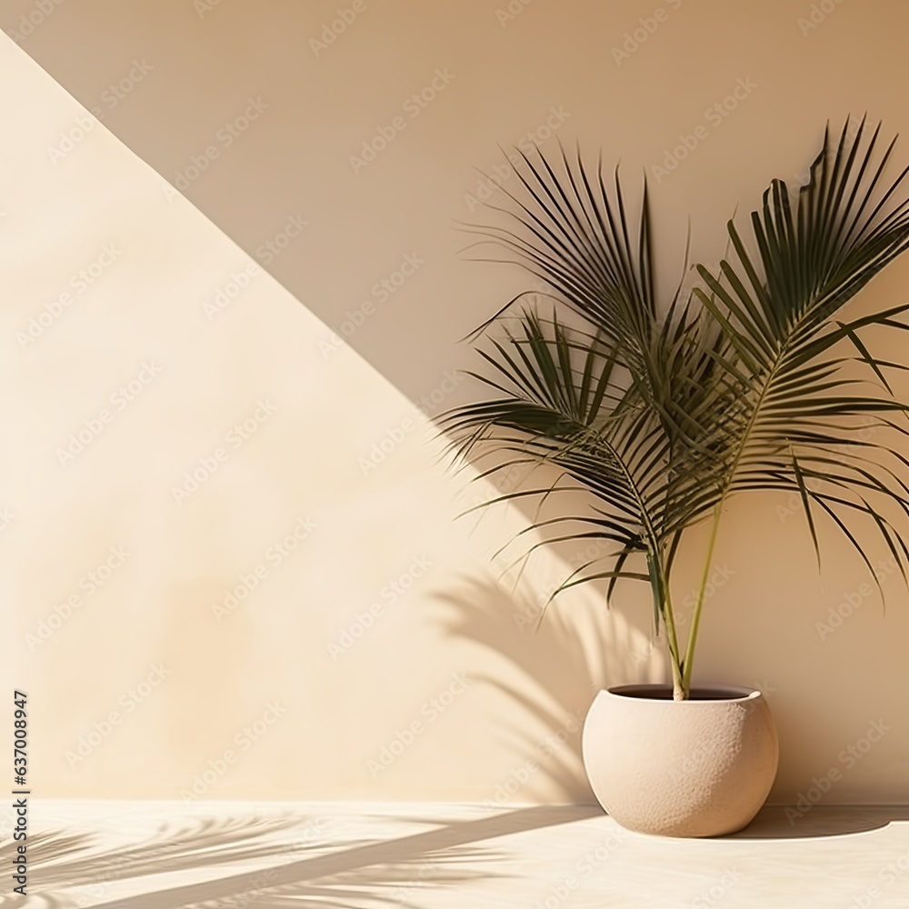 Modern summer minimal of tropical plam leaf tree branch in sunlight with long shadows on concrete plain wall background, copy space interior lifestyle Mediterranean backdrop scene,ai generate Modern summer minimal of tropical plam leaf tree branch in sunlight with long shadows on concrete plain wall background, copy space interior lifestyle Mediterranean backdrop scene,ai generate