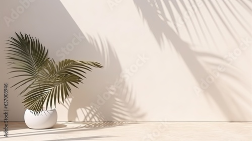 Modern summer minimal of tropical plam leaf tree branch in sunlight with long shadows on concrete plain wall background  copy space interior lifestyle Mediterranean backdrop scene ai generate