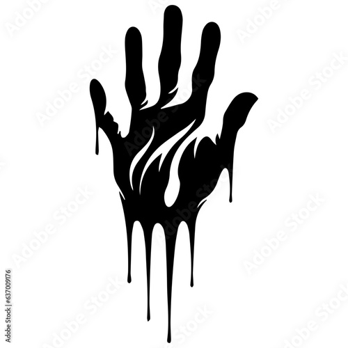 Red, bloody hand print. Dead, blood, horror and dirty red palm for halloween party. Vector red hand day