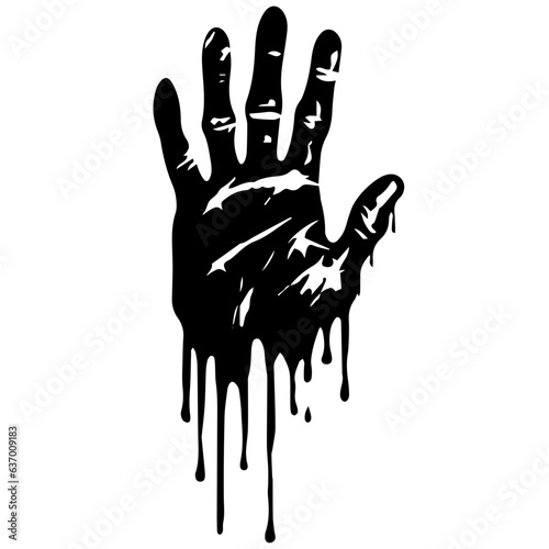 Red, bloody hand print. Dead, blood, horror and dirty red palm for halloween party. Vector red hand day