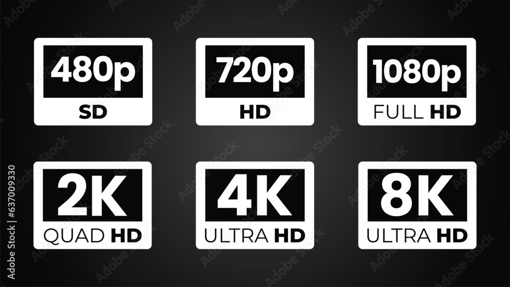White Video Resolution Icon Set. 8k Ultra Hd icon, 4k Ultra Hd icon, 2k ...