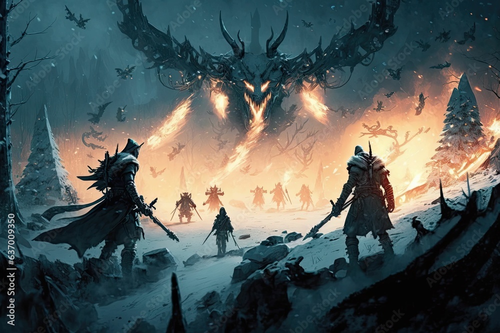 Fototapeta premium Hunters fighting with dragon. Generative AI.