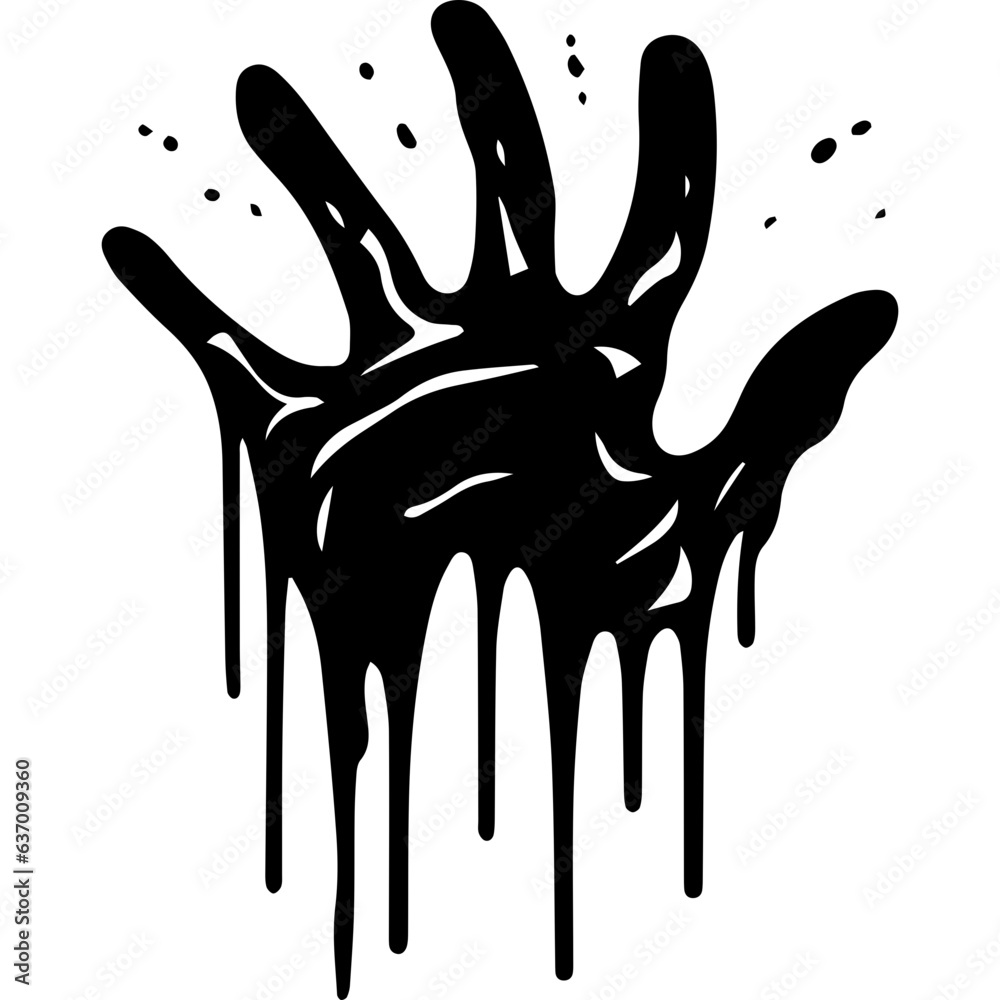 Red, bloody hand print. Dead, blood, horror and dirty red palm for