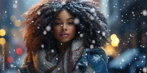 African American woman with afro hair snowy winter time on city streets bundled up. 