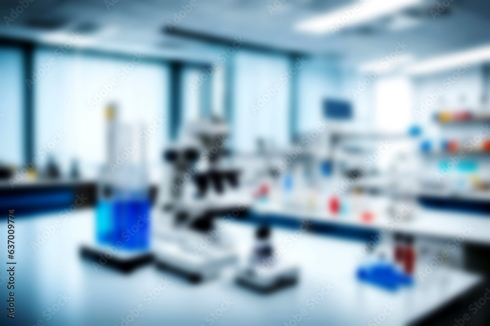 Fototapeta premium Abstract illustration background. Blurred modern laboratory for pharmacy scientific research. workplace or work space of table work in office with computer.