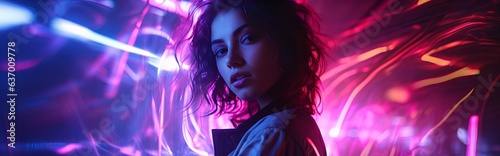smart attractive stylish female woman confident feeling Portrait of young woman under neon light  ai generate