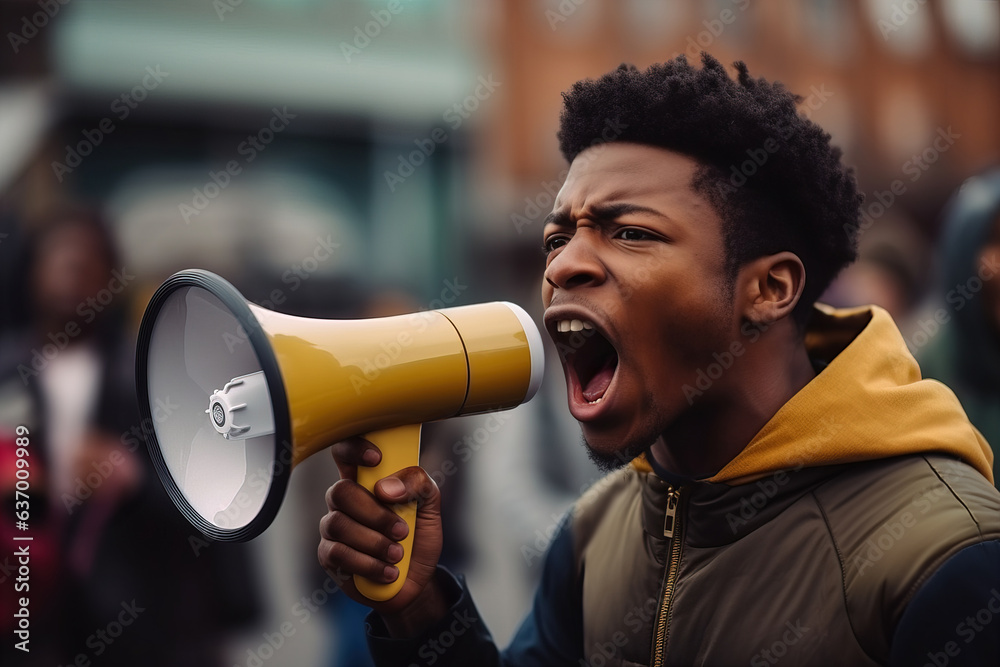 Angry African American man activist with megaphone, shouting slogans