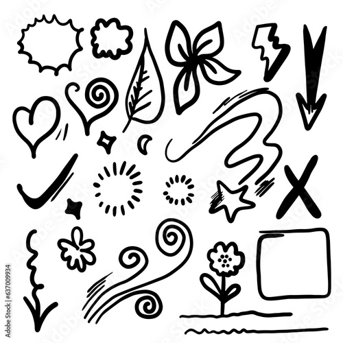 leaves  hearts  abstract  ribbons  arrows and other elements in hand drawn styles for concept designs. Doodle illustration. Vector template for decoration