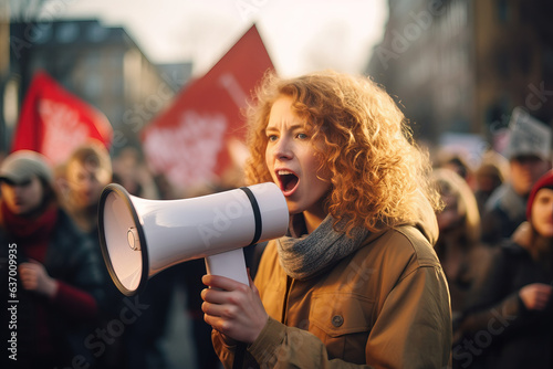 A red-haired young woman activist with a loudspeaker in her hands stands in a crowd of protesters on city street and shouts slogans during a peaceful protest rally. Human rights concept