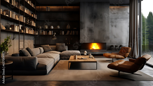 The style of decorating living room with luxury with dark concrete