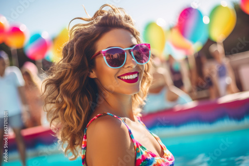 Woman at a swimming pool colorful party during summer time wearing sunglasses