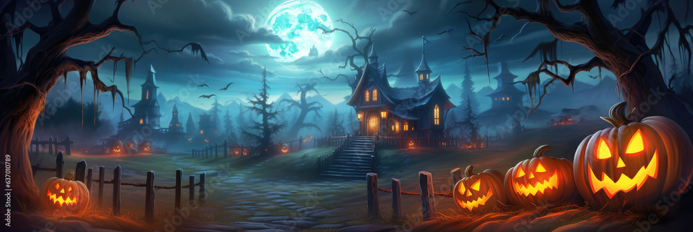 Countryside panorama with with glowing pumpkins, crooked trees and rural homes against a moody sky illuminated by a bright moon. Cartoon style illustration
