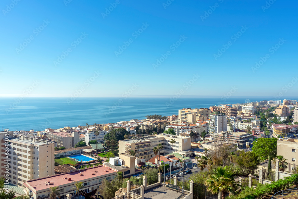 Panoramic view of Mediterranean coastlinein Parque de la Bateria in Torremolinos, Spain