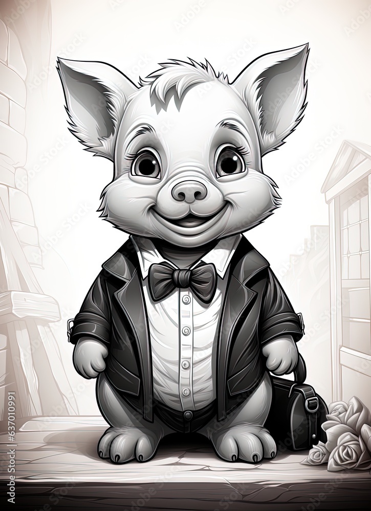 Fototapeta premium Drawing in pencil and marker of an adorable children's pig with elegant clothes. Generative AI.