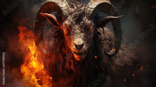 Powerful devilish goat with horns showing teeth surrounded by fire. Generative AI