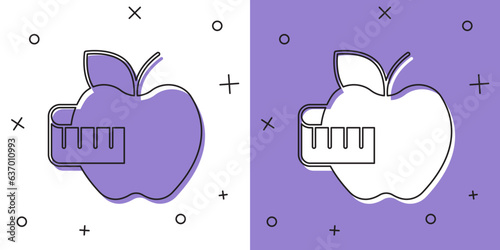 Set Apple and measuring tape icon isolated on white and purple background. Excess weight. Healthy diet menu. Fitness diet apple. Vector
