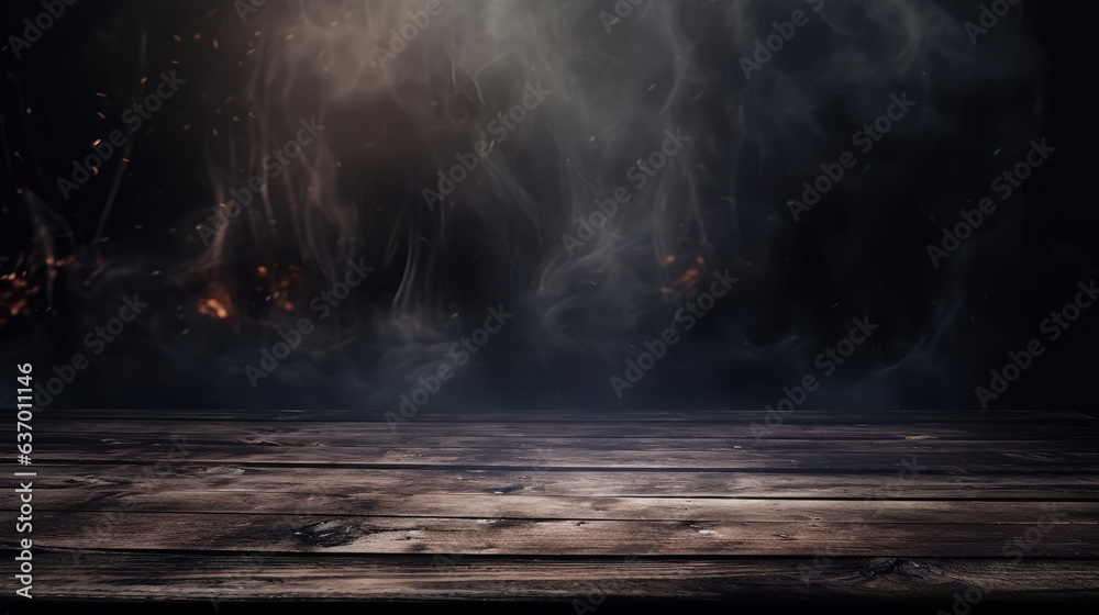 Wooden table in front of a dark background with smoke and fog