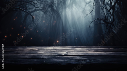 Empty wooden table in a dark forest with fog. Ready for product display montage