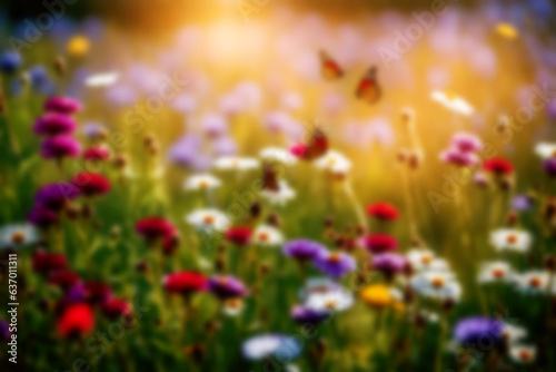 Abstract blurred natural background illustration. Defocused beautiful flowers nature garden. Close-up soft focus floral meadow field. © Setthasith
