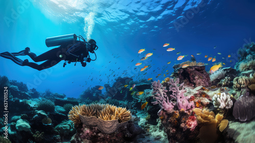 Scuba diver and fish on a coral reef in the Red Sea
