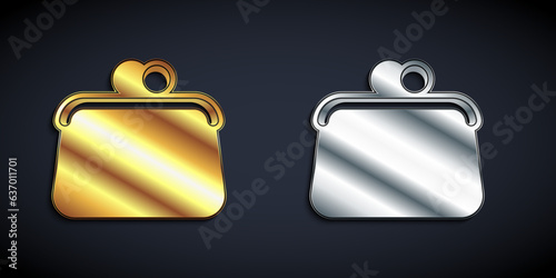 Gold and silver Handbag icon isolated on black background. Female handbag sign. Glamour casual baggage symbol. Long shadow style. Vector