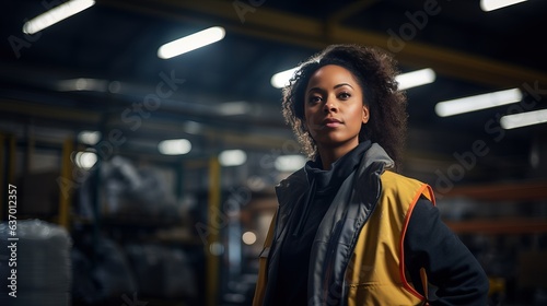 Worker at a warehouse. Black woman. Person in workplace. Generative AI.