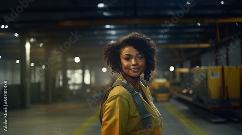 Worker at a warehouse. Black woman. Person in workplace. Generative AI.