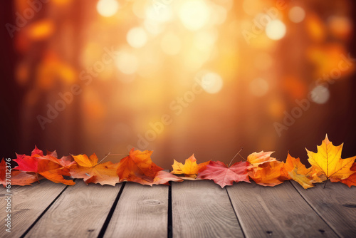 Autumn leaves on wooden table against blurred autumnal forest background.