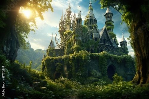 Enchanted Castle Covered in Magical Vines. Generative AI