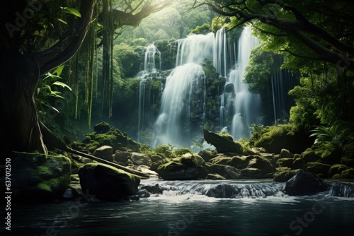 Serene Waterfall in Lush Forest Setting. Generative AI © Ilugram