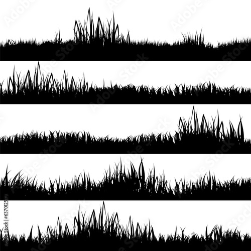 Meadow silhouettes with grass, plants on plain. Panoramic summer lawn landscape with herbs, various weeds. Herbal border, frame element. Black horizontal banners. Vector illustration