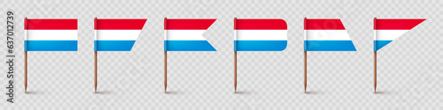 Luxembourgish toothpick flags. Souvenir from Luxembourg. Wooden toothpicks with paper flag. Location mark, map pointer. Blank mockup for advertising and promotions. Vector illustration