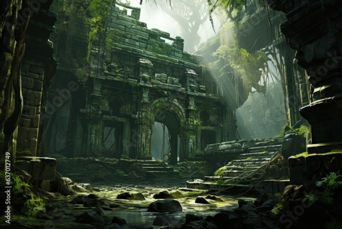 Mysterious Ancient Ruins in Dense Jungle . Generative AI