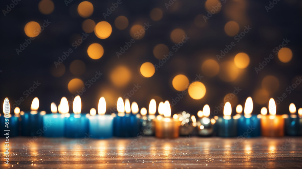 Artistic Close-up of Hanukkah Candles Burning Bright , Hanukkah, wide banner with copy space area Artistic Close-up of Hanukkah Candles Burning Bright , Hanukkah, wide banner with copy space area