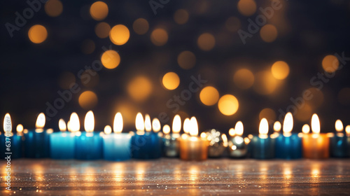 Photographie Artistic Close-up of Hanukkah Candles Burning Bright , Hanukkah, wide banner wit