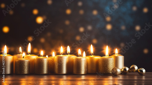 Menorah with Shimmering Candles Creating a Warm Atmosphere , Hanukkah, wide banner with copy space area 