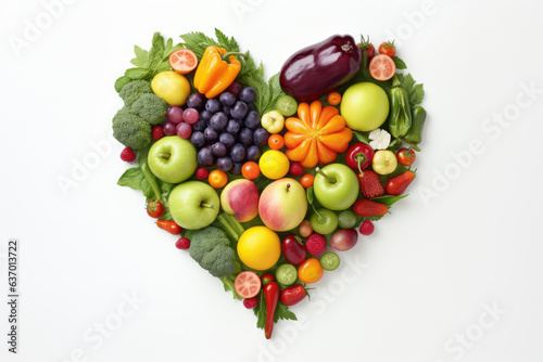 Fruits and vegetables in the form of heart on white background.