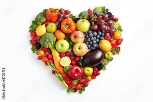 Healthy heart made of fresh fruits and vegetables on white background.