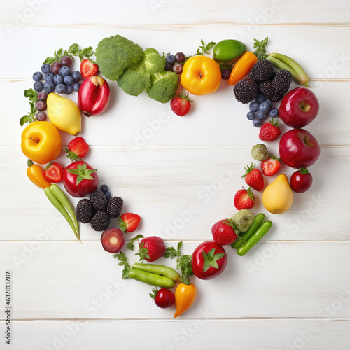 Healthy heart made of fresh fruits and vegetables on white wooden background. Space for text or product display.